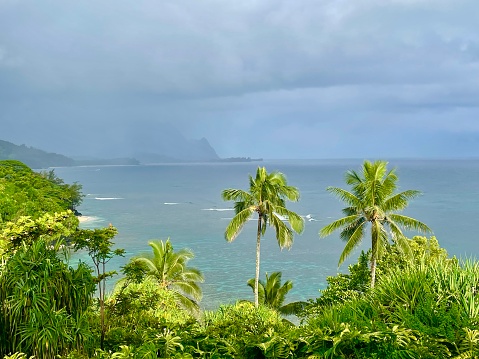Lanikai Coastline with Houses, Palm Trees and Mokulua Islands, O in Kailua, Hawaii, United States
