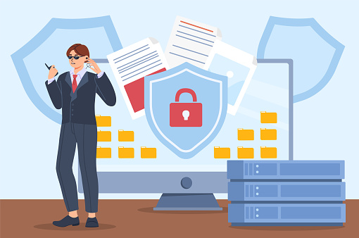 Protection information concept. Man in suit and sunglasses near documents and articles. Copyright and literary property. Safety and security on Internet. Cartoon flat vector illustration