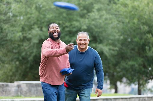 Two plus size multiracial men having fun at the park playing a bean bag toss game. The main focus is on the African-American man, in his 30s, who has tossed his bean bag and is shouting and cheering, waiting for it to land. His Hispanic friend is behind him, watching and smiling.