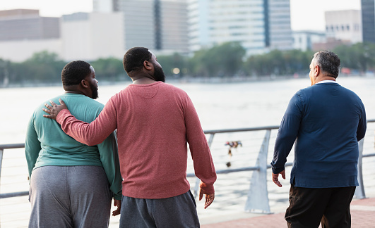 Rear view of three multiracial plus size men walking on a city waterfront looking at the view. The man on the right is Hispanic, in his 50s. The man in the middle is African-American, in his 30s. His arm is around the shoulder of his friend who is mixed race black and Pacific Islander, in his 20s.