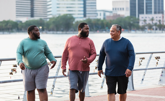 A multiracial group of three heavyset men walking side by side, conversing on a city waterfront. The Hispanic man on the right is the oldest of the three, in his 50s. The young black and Pacific Islander man on the left is in his 20s. Their friend walking between them is African-American, in his 30s.
