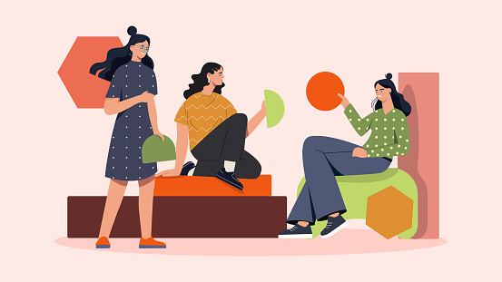 Women with geometric figures concept. Young girls with colorful circles. Collaboration and cooperation. Partners and colleagues working on common project. Cartoon flat vector illustration