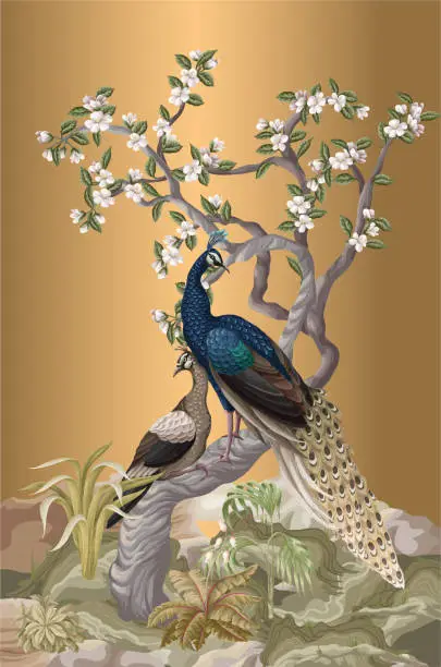 Vector illustration of Chinoiserie mural with peacocks and flowers trees. Vector.