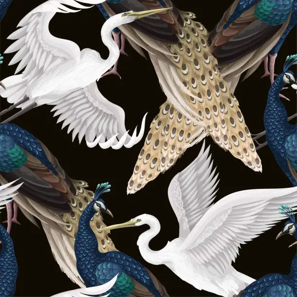 Vector illustration of Seamless pattern with peacocks and herons. Vector.