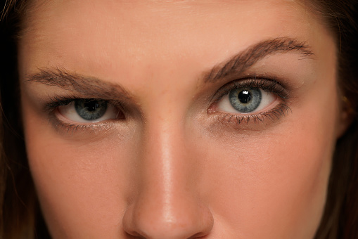 closeup female eyes look with distrust