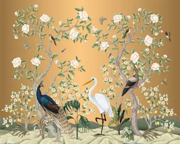 Vector illustration of Chinoiserie mural with peacocks and flowers trees. Vector.