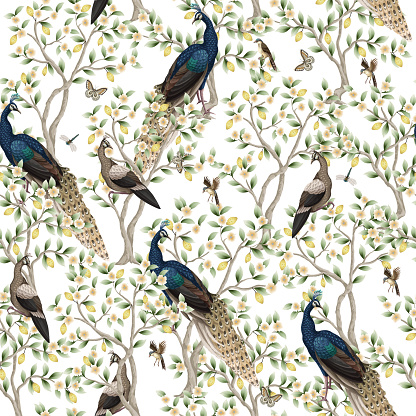 Chinoiserie seamless pattern with peacocks and flowers trees. Vector