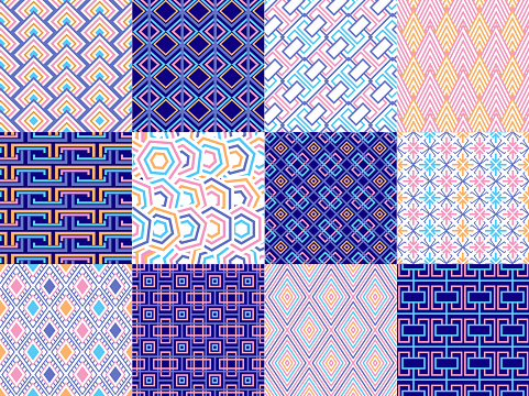 Fun Bright Retro Geometric Seamless Patterns In Bold Trendy Colors Based On Dollcore