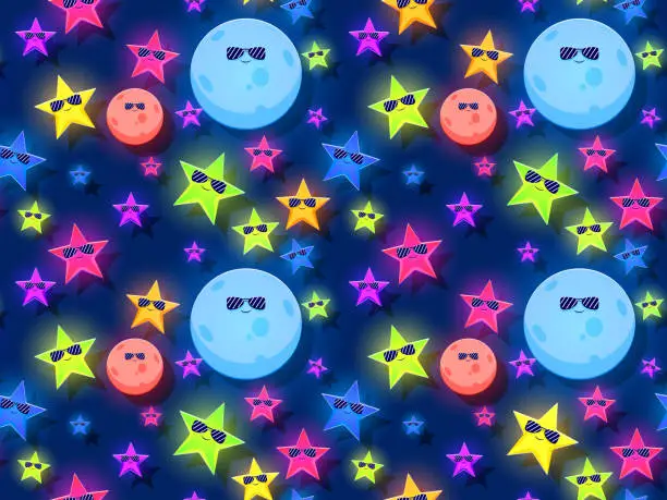 Vector illustration of Funny cartoon seamless pattern of stars and moons in sunglasses.