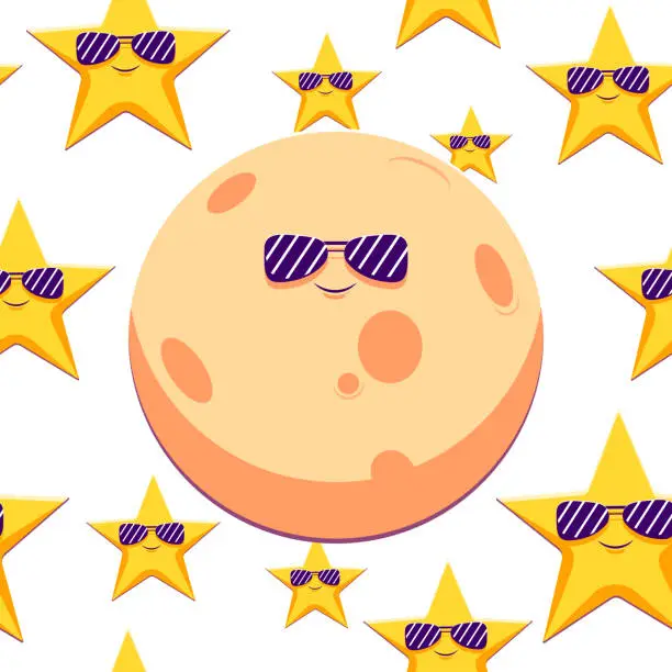 Vector illustration of Funny cartoon seamless pattern of stars and moons in sunglasses.