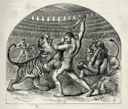 Vintage illustration of Ancient Rome, Bestiarius, bestiarii gladiators fighting tigers and lions in the Colosseum.  Victorian 1860s