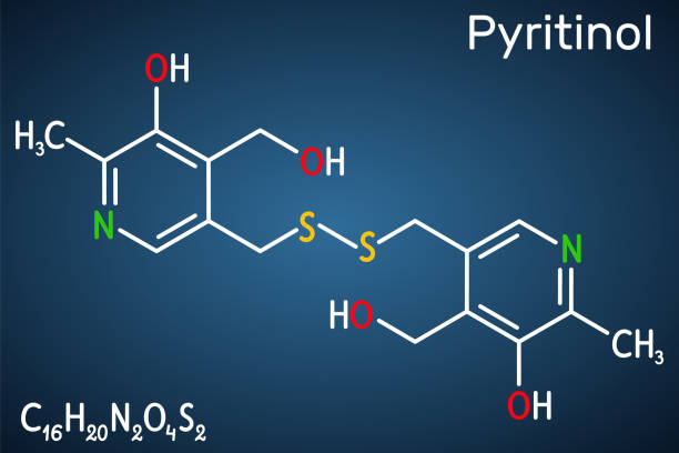 Сomponent of nootropic dietary supplements. Structural chemical formula on the dark blue background. Vector Pyritinol molecule, pyridoxine disulfide, cognitive drug. Сomponent of nootropic dietary supplements. Structural chemical formula on the dark blue background. Vector illustration nootropic stock illustrations