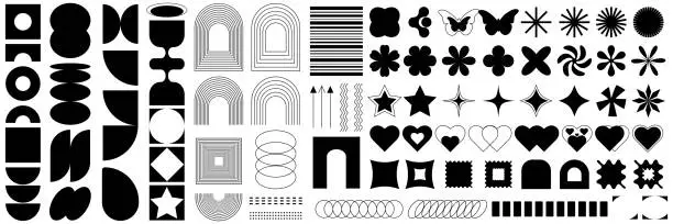 Vector illustration of Abstract geometric shapes in brutalism style. Modern vector illustration, star, flower, square, oval, grid, and other elements. Black and white illustration on isolated white background.