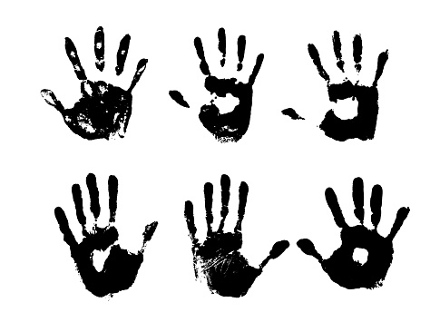 Set of vector hand print silhouettes. Collection of different shapes of child, woman and man handprint on white isolated background.