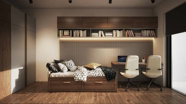 istock Interior Design. Architecture. Computer generated image of kids single bed room. Architectural Visualization. 1574695202