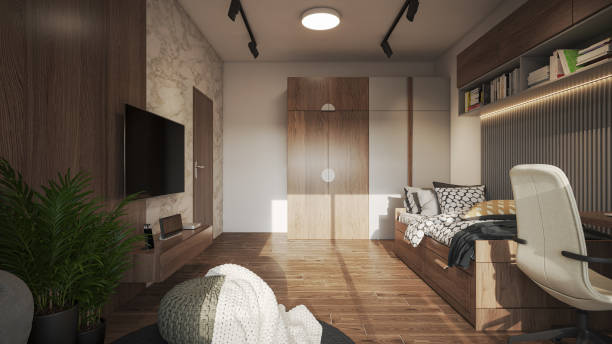 istock Interior Design. Architecture. Computer generated image of kids single bed room. Architectural Visualization. 1574695208