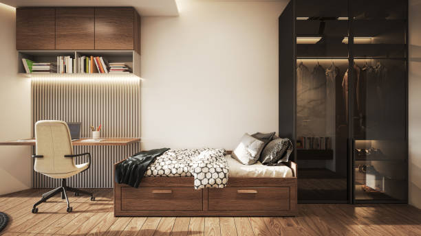 istock Interior Design. Architecture. Computer generated image of kids single bed room. Architectural Visualization. 1574696263