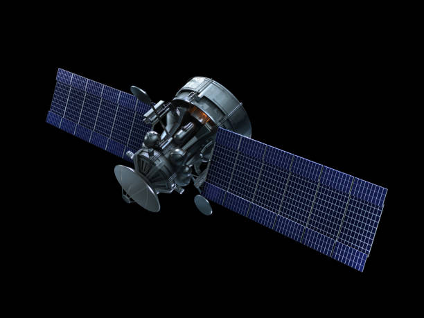 istock A satellite with blue solar panels on a black background 157473036