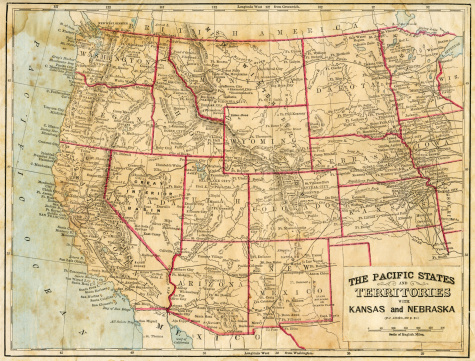vintage map showing the Pacific States of America