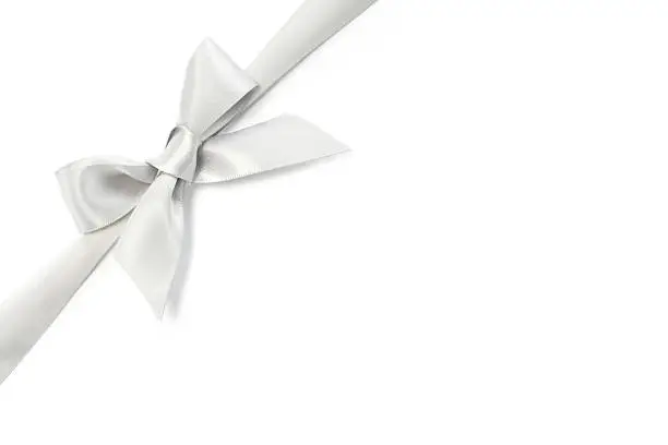 Silver ribbon bow wrapping the corner of the composition, isolated on white background.