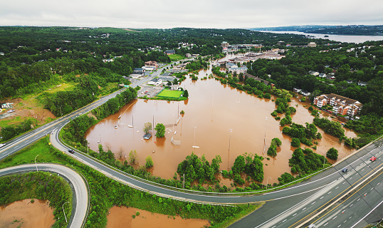Aerial view of flooded sports fields after record breaking rainfall.