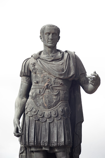 Italy - Rome (fori imperiali): Statue of Gaius Julius Caesar (13 July 100 BC – 15 March 44 BC), was a Roman military and political leader. He played a critical role in the transformation of the Roman Republic into the Roman Empire.