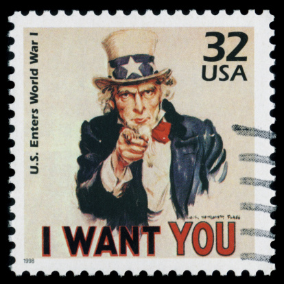 Shown here is a canceled (franked) 32-cent stamp depicting Uncle Sam with the words “I want you”. This HUGE 4850x4850 file is capable of producing 16x16 prints at 300dpi.  Image is of an excellent specimen of the highest philatelic quality available and represents the utmost accuracy in tone and color available. Postmark is clear of the main image area for easy editing. Adobe 1998 color space.
