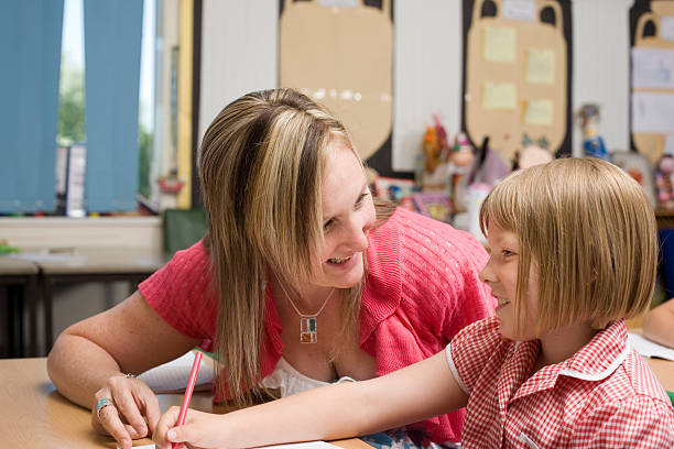 istock Smiling primary teacher with girl 157475200