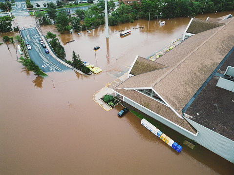 Aerial view of a flooded supermarket after record breaking rainfall.