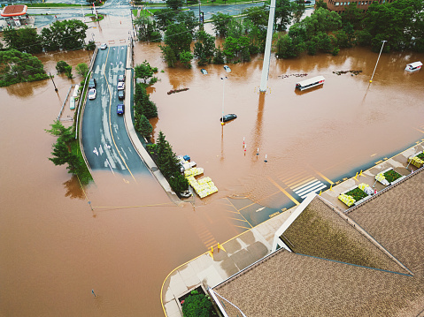 Aerial view of a flooded supermarket after record breaking rainfall.