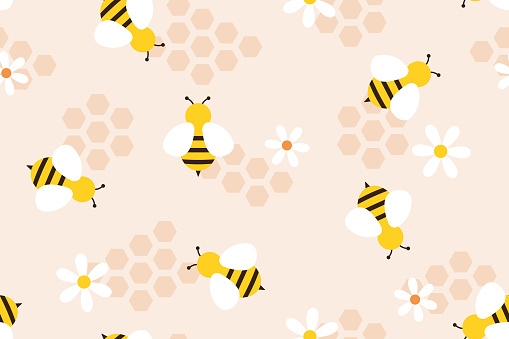 seamless bee pattern with bees, honeycomb and daisy flowers- vector illustration