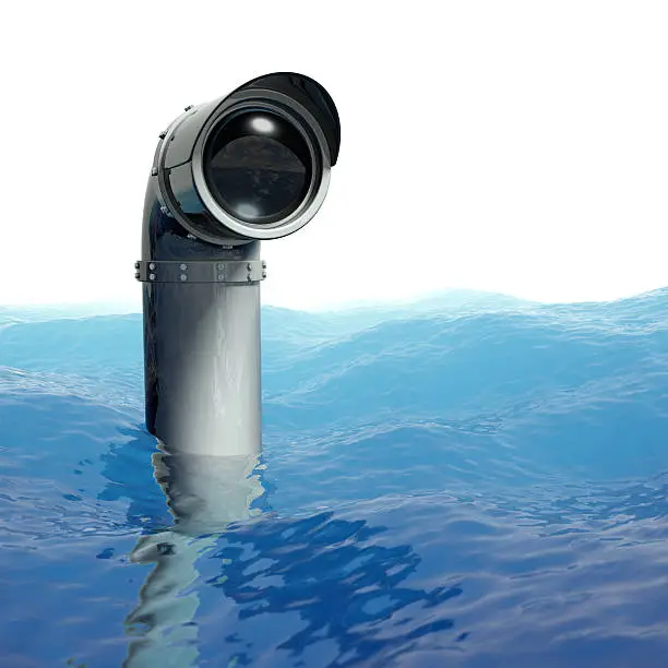 A periscope poking out of the blue ocean. Very high resolution composite 3D render.