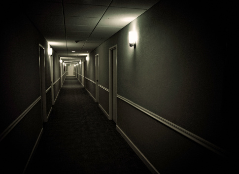 hotel corridor, dark grungy mood