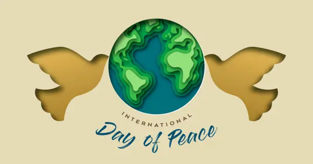 Vector illustration of International day of peace dove bird and planet earth in 3d paper cut banner illustration