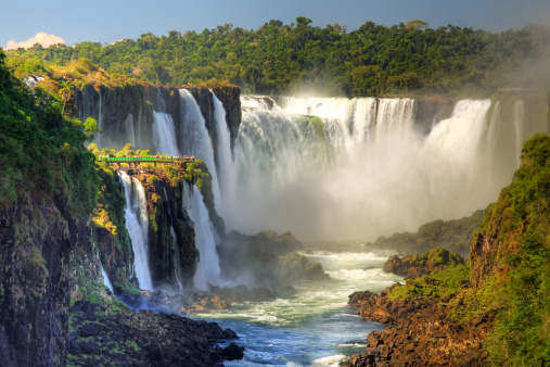 Iguazu, Argentina, November 18, 2019: View of the Iguazu Falls, the largest waterfall in the world. They are located on the Iguaçu River on the border between Argentina and Brazil.