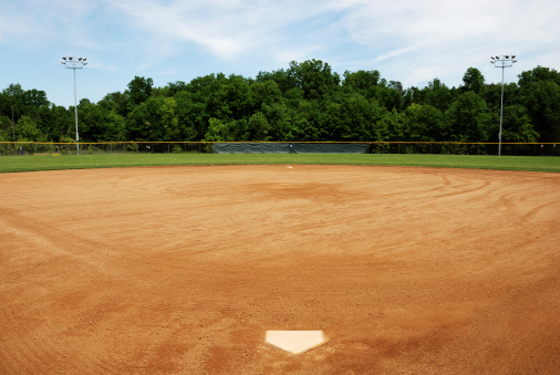 View from a drone, the location of the baseball field and the hardworking baseball team practicing in it is captured.