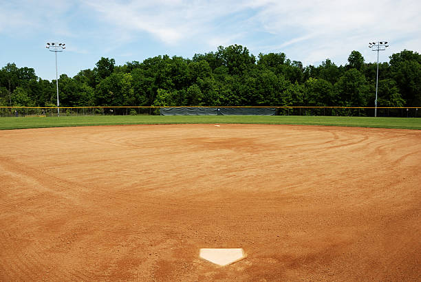 Baseball or softball field Baseball or softball field looking out from home base. Three hundred foot fence and two sets of night lights. outfield stock pictures, royalty-free photos & images