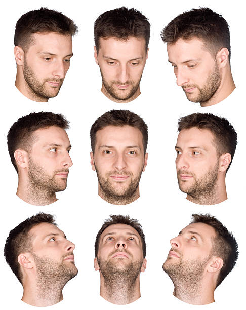 ショートヘアの男性の顔のコレクション様々な眺めをご覧いただけます。 - men posing human face human head ストックフォトと画像