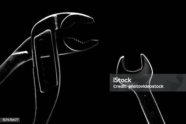 Wrench Tools On Black Background Stock Photo - Download Image Now - Adjustable Wrench, Black Background, Color Image