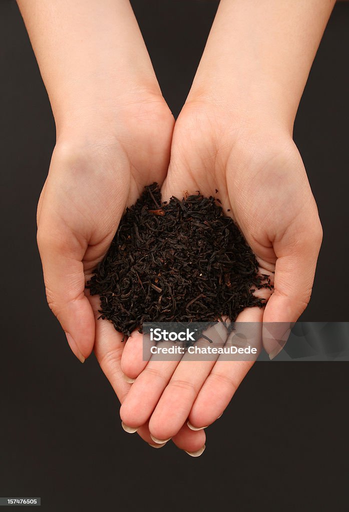 Holding black tea woman hands holding black tea, black background Dried Tea Leaves Stock Photo