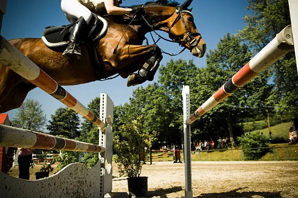 Horse clearing a large jump during a showjumping event. Wide angle shot from very close distance, right below the obstacle.