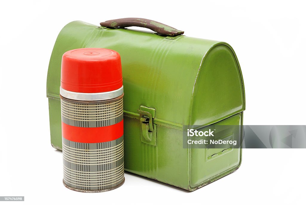 Vintage-lunch-box und thermos - Lizenzfrei Getränkebehälter mit Isolierung Stock-Foto