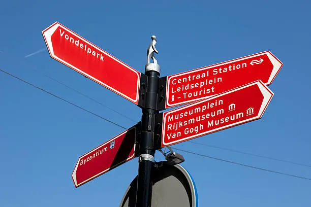 Amsterdam Street Sign showing directions to the Rijksmuseum, the Centraal Train station, Vondelpark and other main attractions including the Van Gogh Museum and the tourist office.