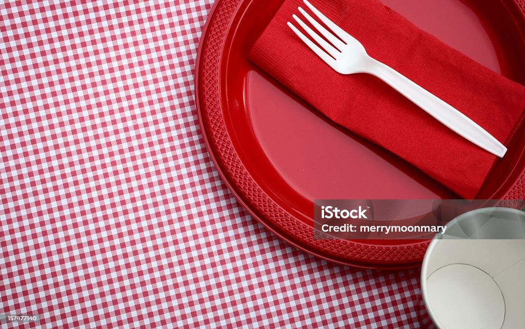 Paper Goods Picnic Red and White Checkered tablecloth with plastic plate and fork, paper napkin and cup.   Napkin Stock Photo
