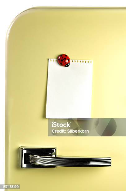 Blank Notebook Paper On Fridge With Magnet Stock Photo - Download Image Now - Refrigerator, Door, Magnet