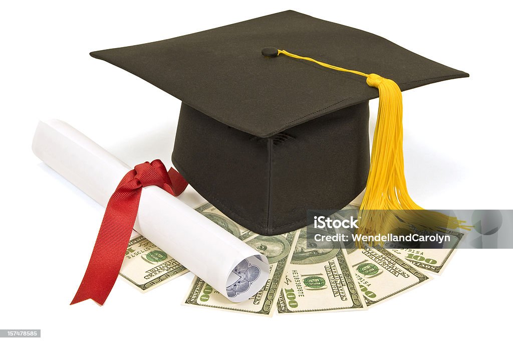 Graduation Hat With Diploma And Money Mortar board, diploma and money.  Ideal concept shot for value of education or cost of education.  Isolated on white. Currency Stock Photo