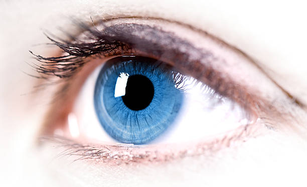 Close-up of a blue eye reflecting light stock photo