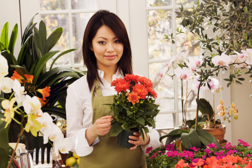 A small business owner of a retail flower shop. An Asian woman florist entrepreneur shopkeeper. She is working behind the checkout counter in her shop, posing and smiling at the camera,  and surrounded by colorful garden center plants. Photographed in horizontal format.