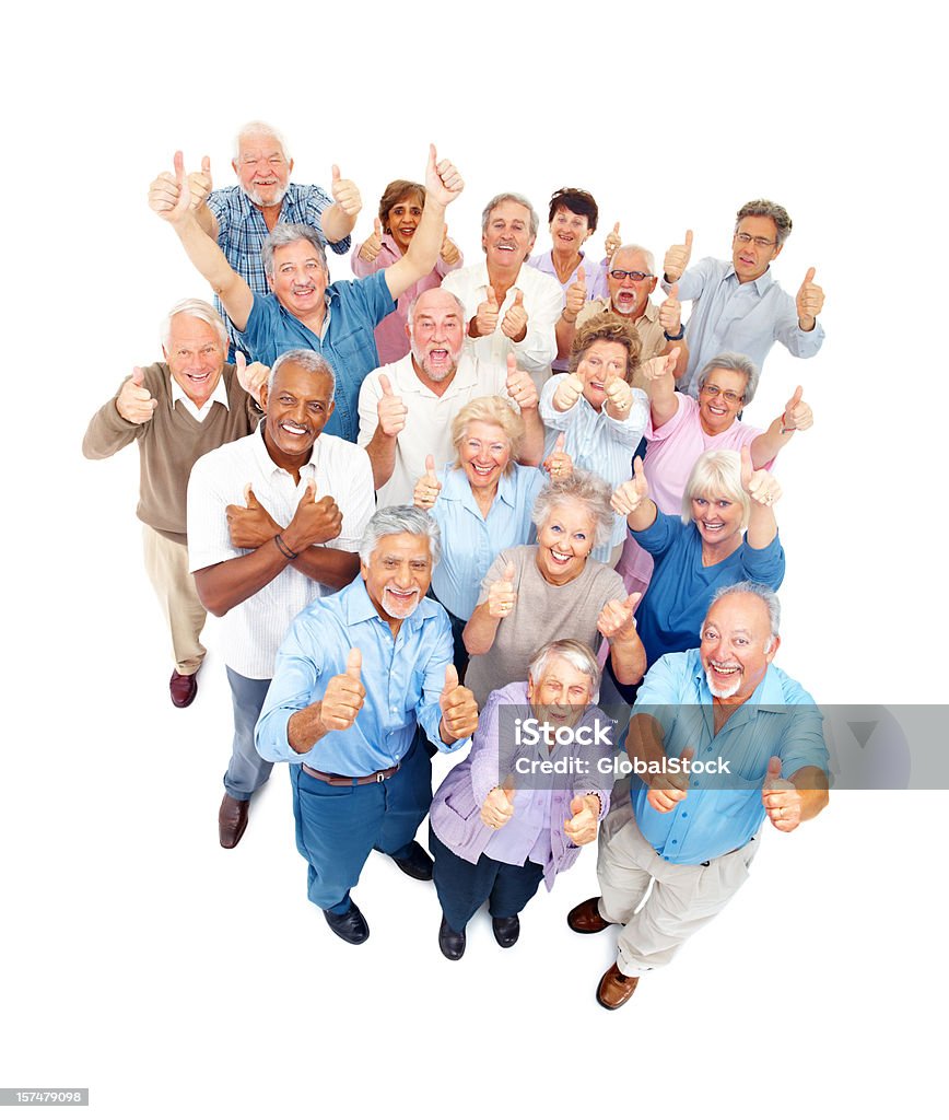 Happy senior homens e mulheres mostrando os polegares para cima - Foto de stock de Terceira idade royalty-free