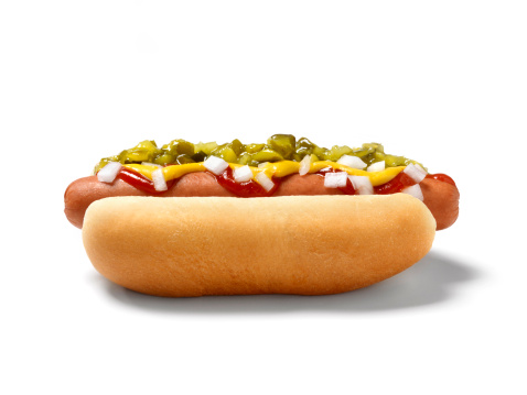 Hot Dog with Ketchup, Mustard, Relish and Onions - -Photographed on a Hasselblad H3D11-39 megapixel Camera System